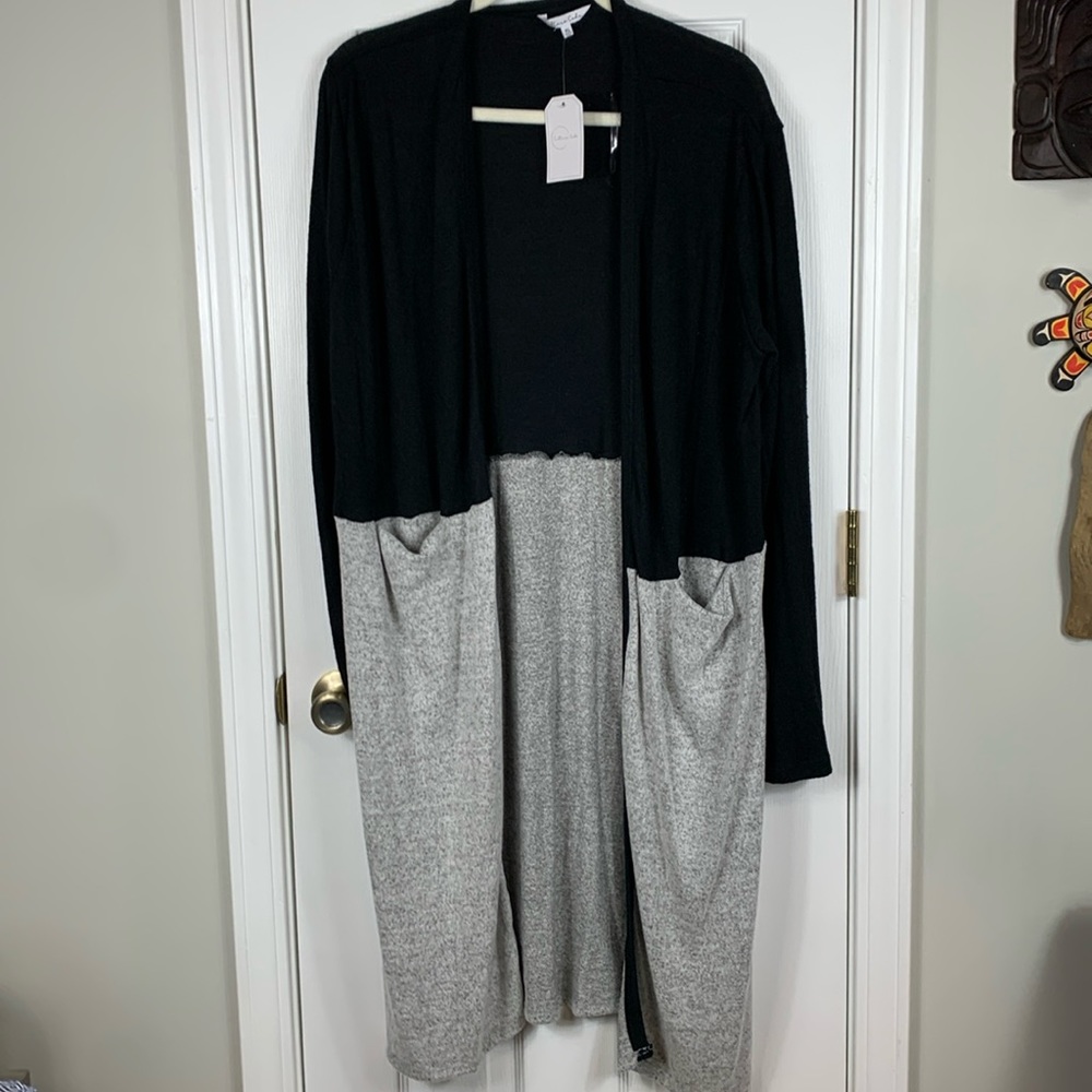 NWT Culture Code long black/grey open cardigan sweater pockets XL. Lg sleeves